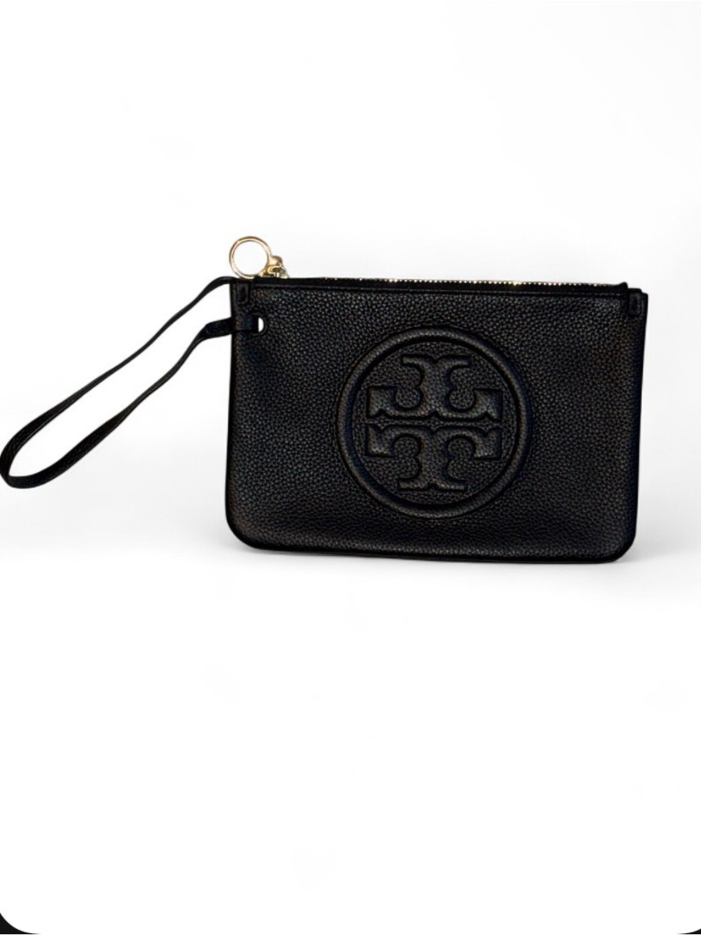 Tory Burch Black Pebbled Leather Logo Wristlet
